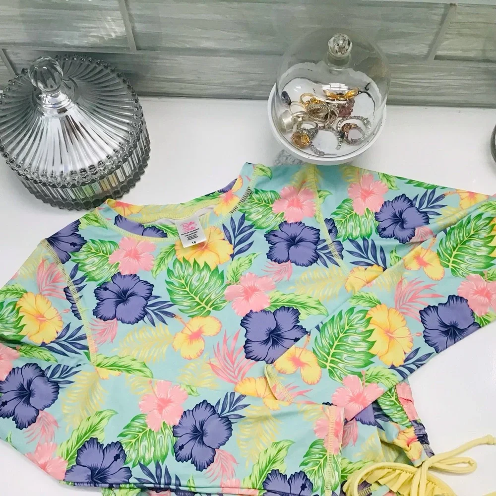 Ruffle Butts Hibiscus Floral Rashguard Swim Set Sz 16